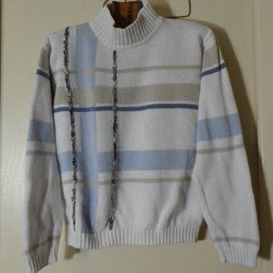 Light blue- tan - white crew neck womens sweater with asymmetrical striping